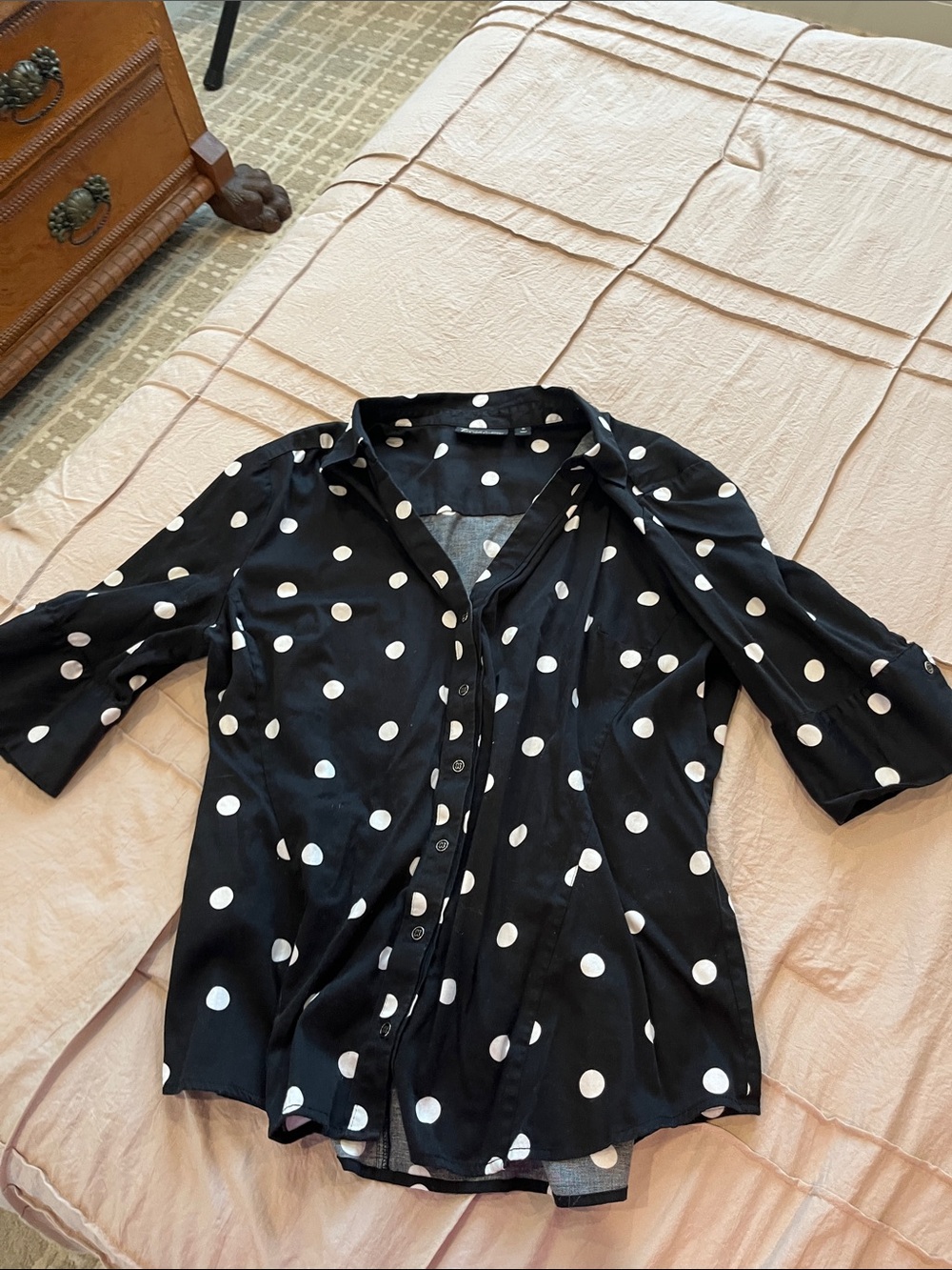 New York & Company Black with White Polka Dot Button-Down Blouse